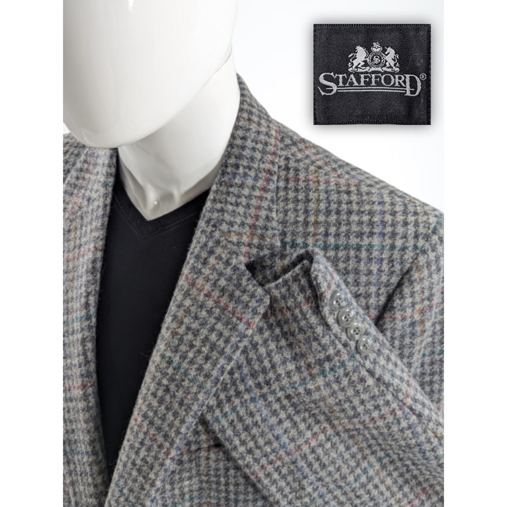 Stafford Blazer Sport Coat Suit Jacket Gray Tweed Pastel Wool Striped 46R Slim